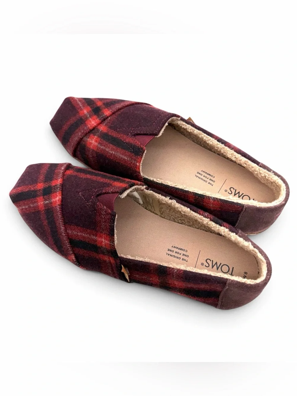 NWOT Toms Red Plaid Alpargatas Leather Wrap Faux Shearling | Women’s Size 8